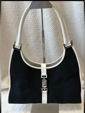 Gucci Black and White Canvas Hobo Shoulder Bag with Silver Hardware